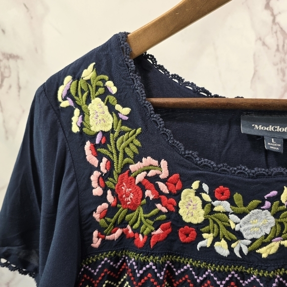 ModCloth Dress Womens Large Blue Shift Peasant Embroidered Floral Peace Mod - Picture 2 of 12